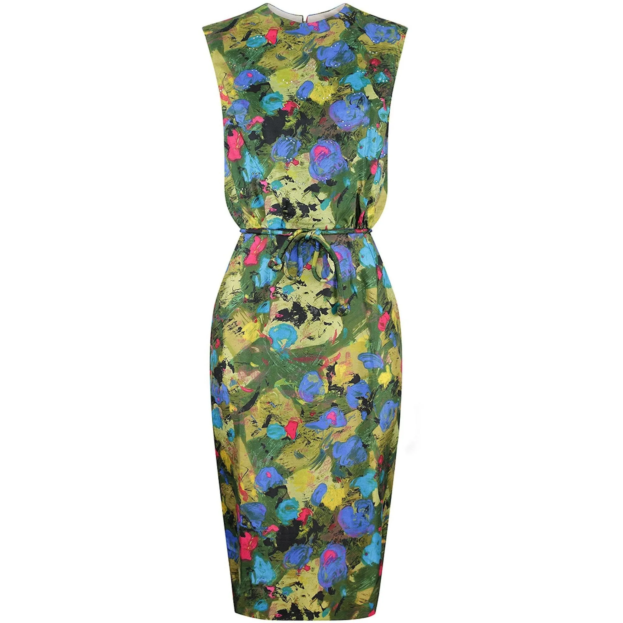 1960s Mardi Gras Embellished Silk Abstract Print Dress