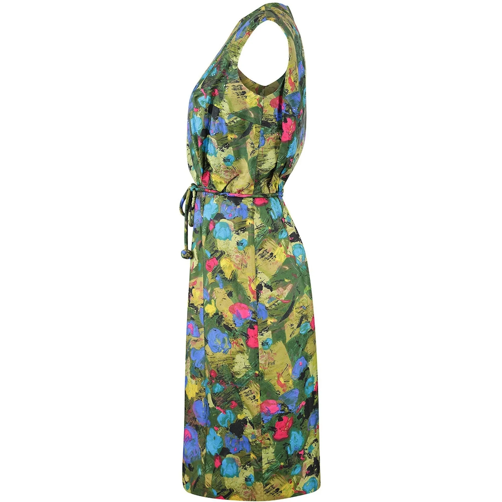 1960s Mardi Gras Embellished Silk Abstract Print Dress