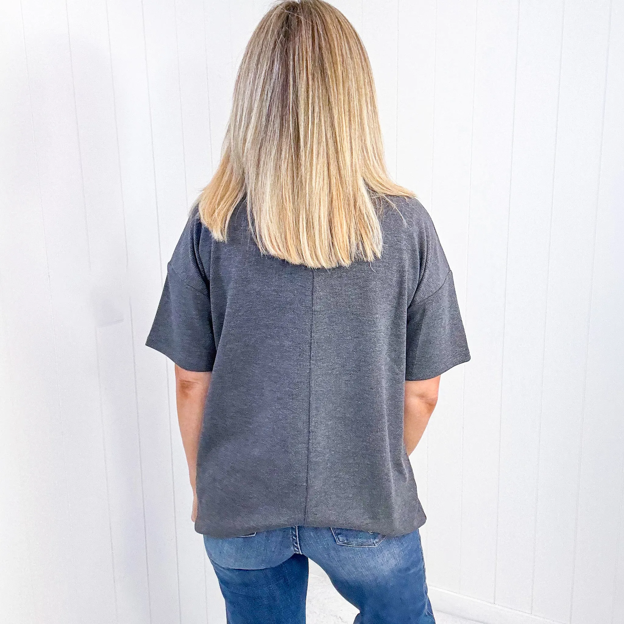 Always Enough Ribbed Graphic Tee with Raised Patch Letters in Charcoal