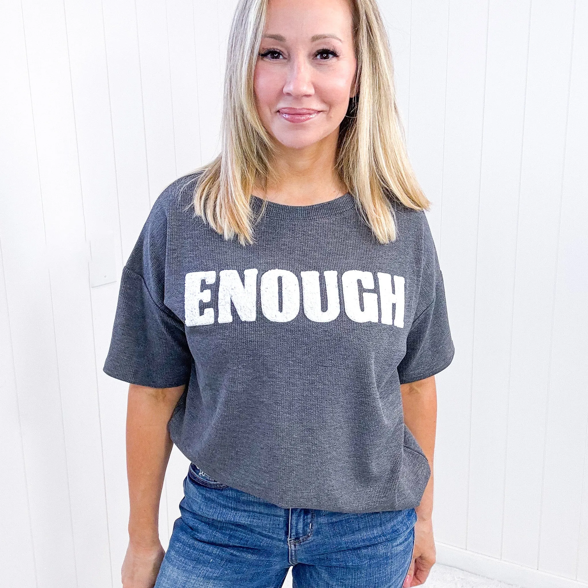 Always Enough Ribbed Graphic Tee with Raised Patch Letters in Charcoal