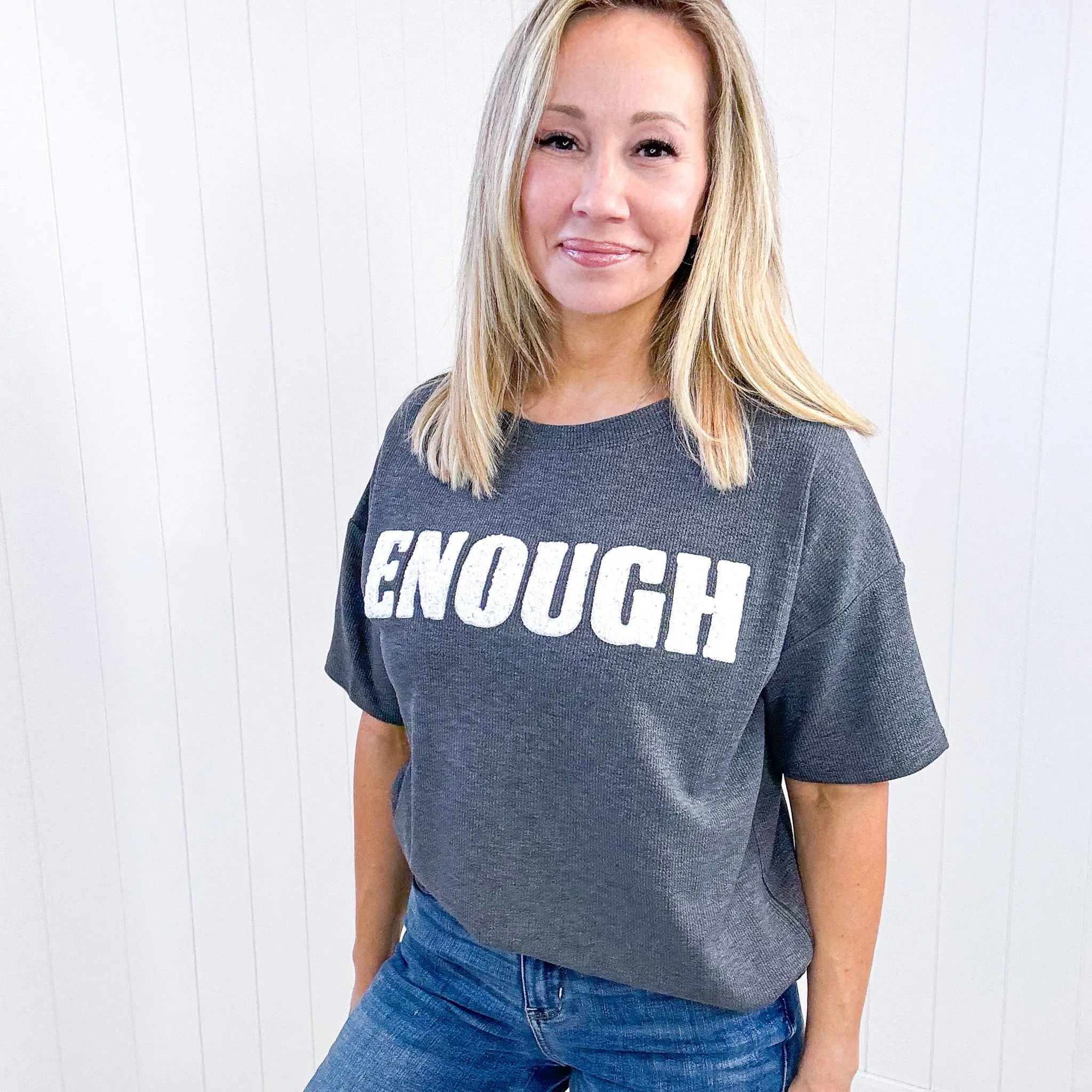 Always Enough Ribbed Graphic Tee with Raised Patch Letters in Charcoal