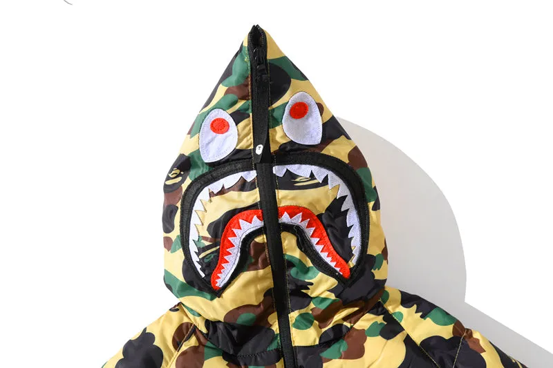 BAPE Puff Jacket Shark Hoodie Green Beige Camo