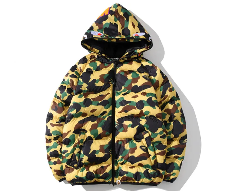 BAPE Puff Jacket Shark Hoodie Green Beige Camo