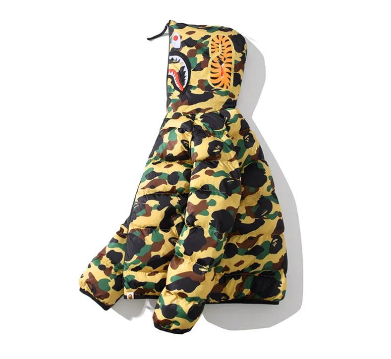 BAPE Puff Jacket Shark Hoodie Green Beige Camo