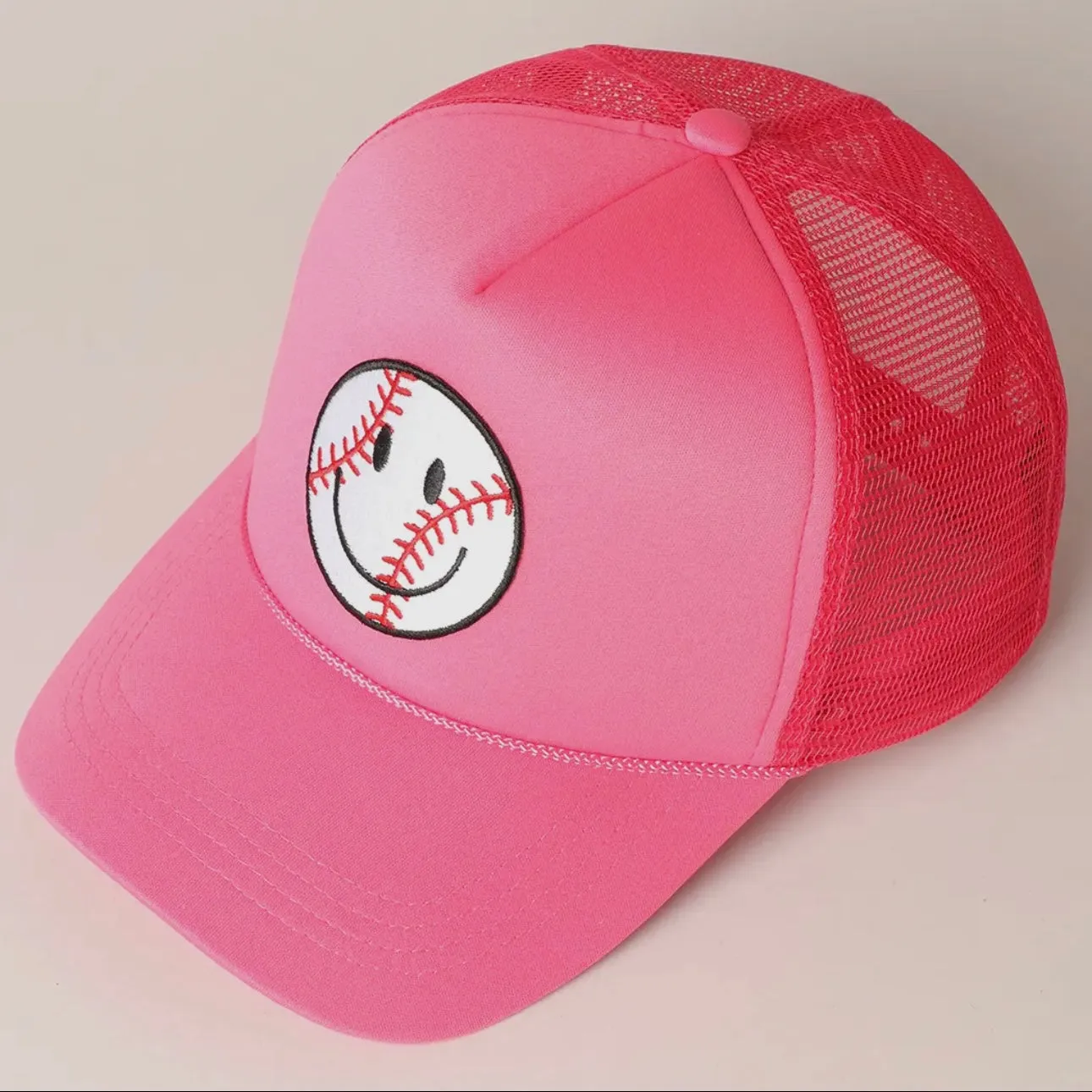 Baseball Happy Face Trucker Hat-Fuchsia