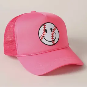 Baseball Happy Face Trucker Hat-Fuchsia