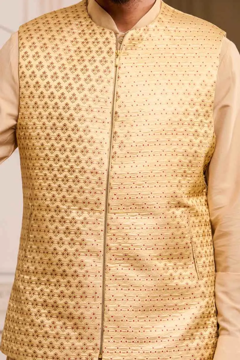 Beige Brocade Kurta Bundi Set