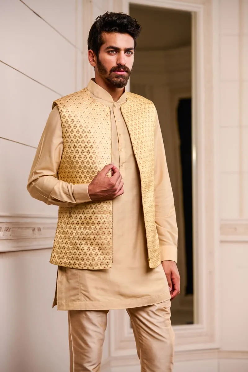 Beige Brocade Kurta Bundi Set