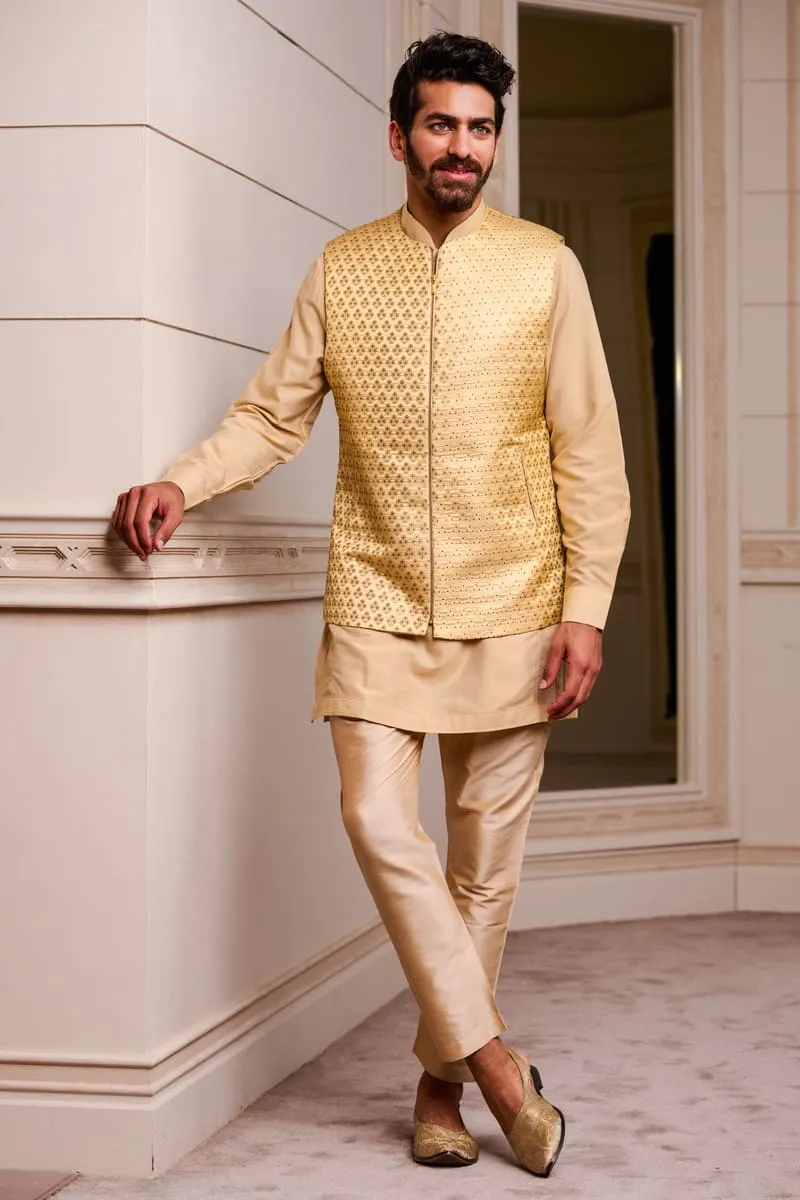 Beige Brocade Kurta Bundi Set