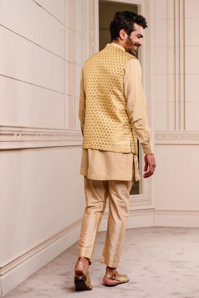 Beige Brocade Kurta Bundi Set