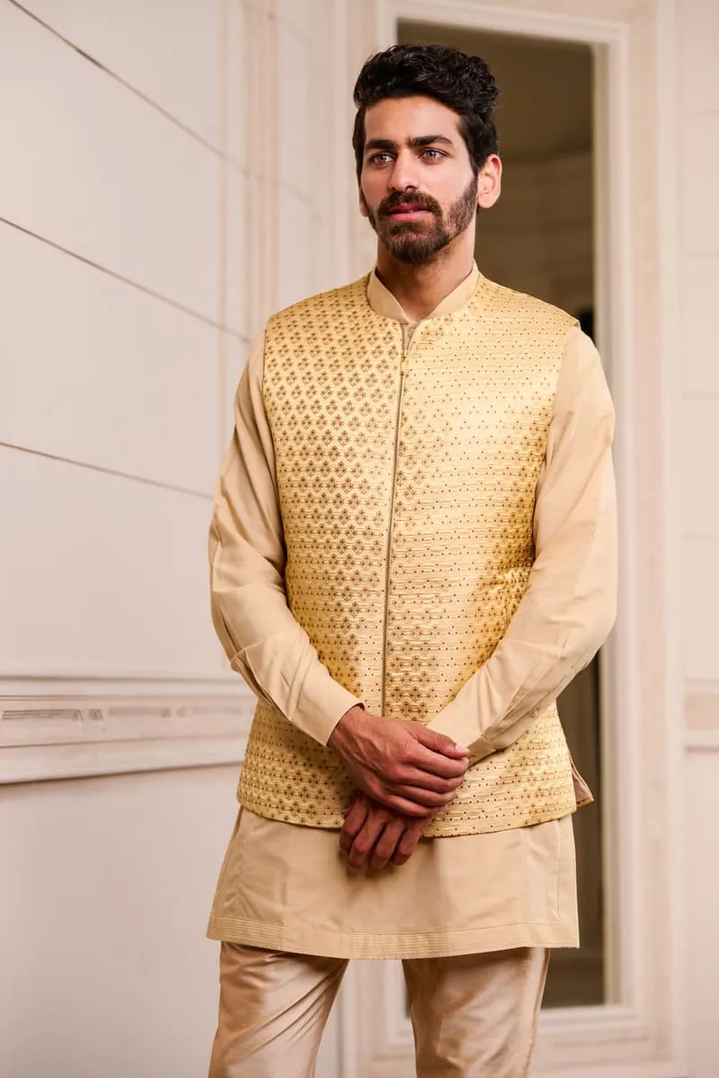 Beige Brocade Kurta Bundi Set