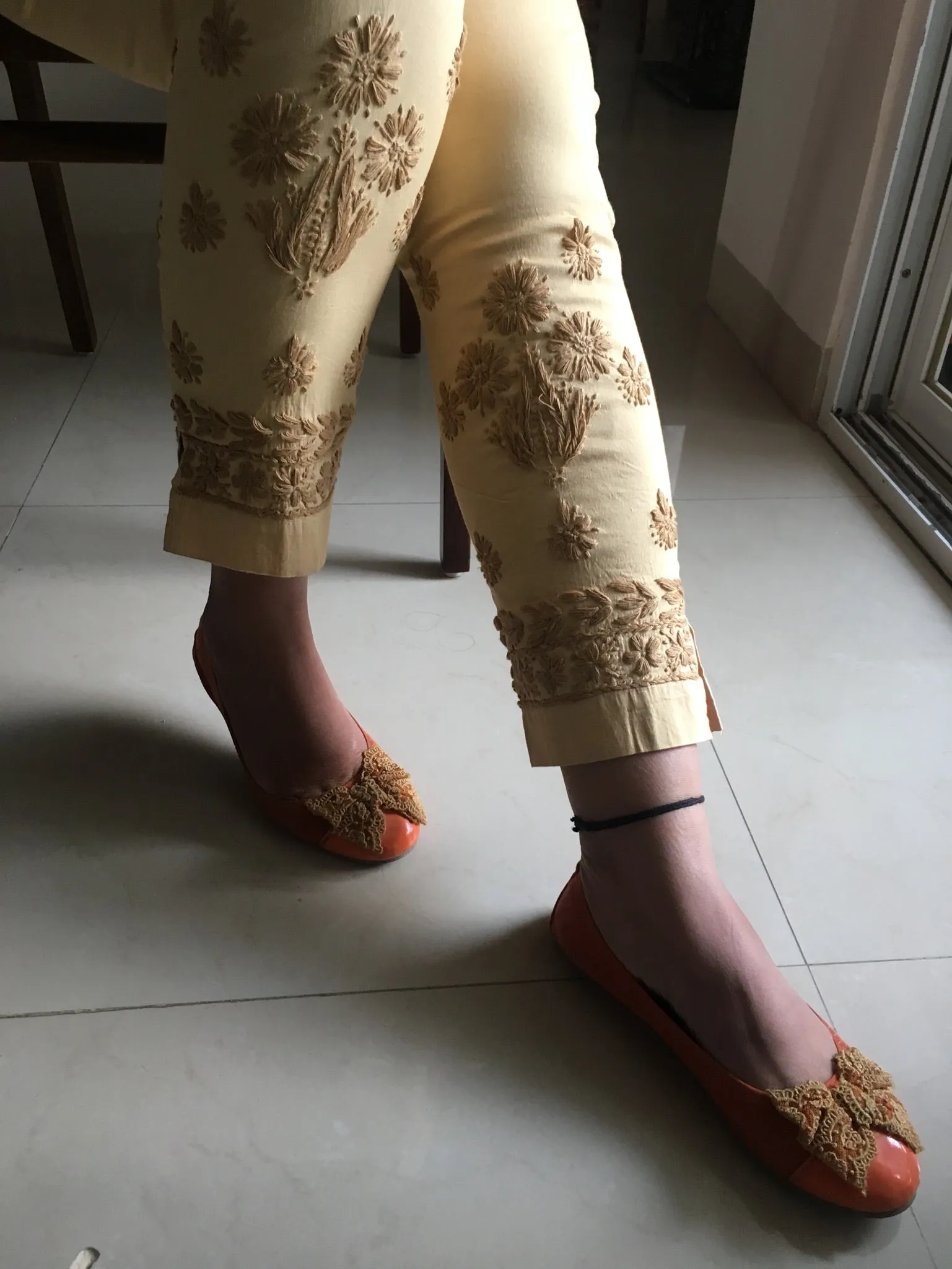 Beige Chikankari Straight Pant Stretchable