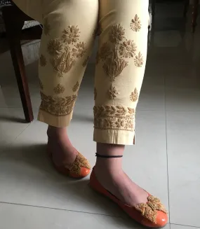 Beige Chikankari Straight Pant Stretchable