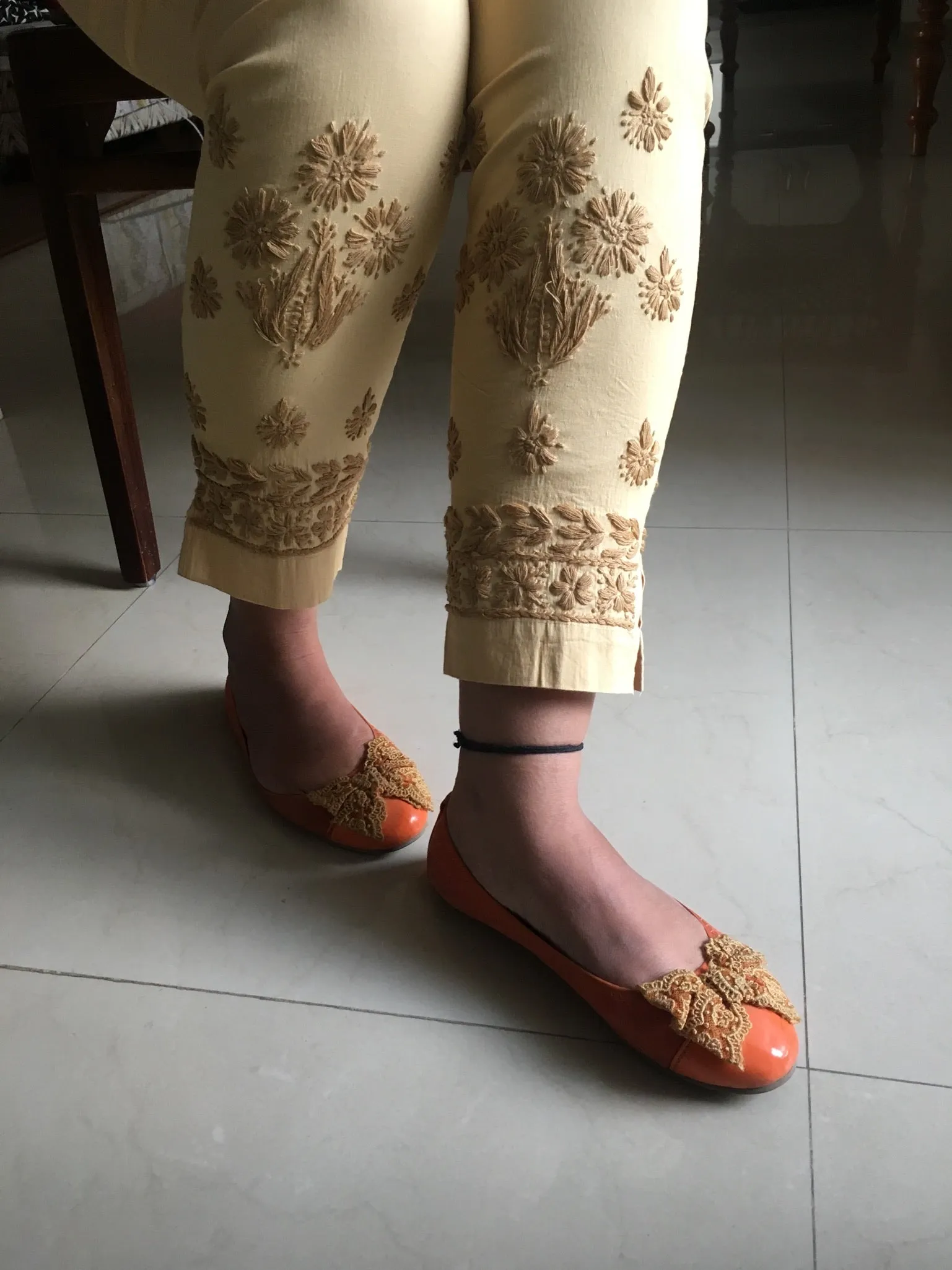 Beige Chikankari Straight Pant Stretchable