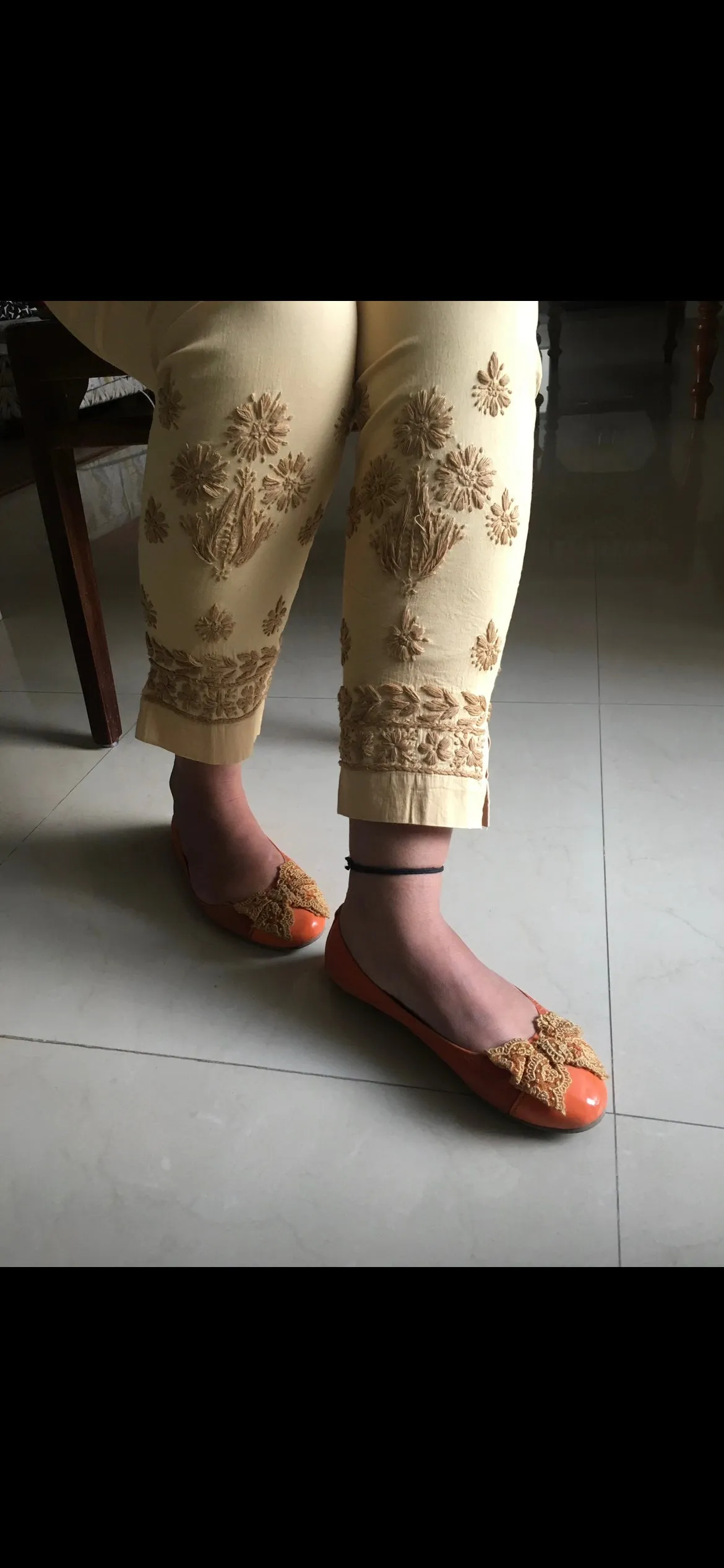 Beige Chikankari Straight Pant Stretchable