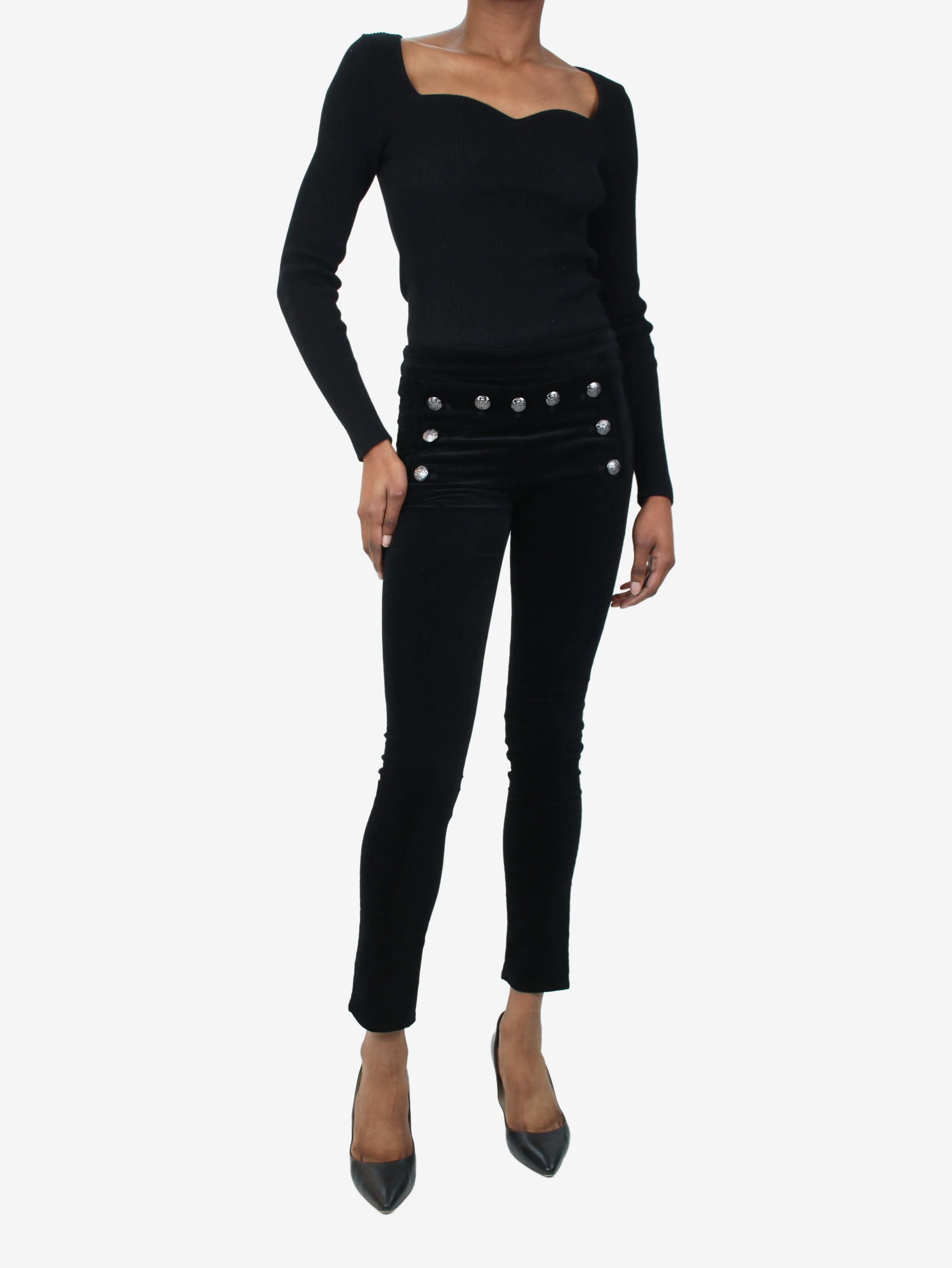 Black velvet trousers with button detail - size W 26