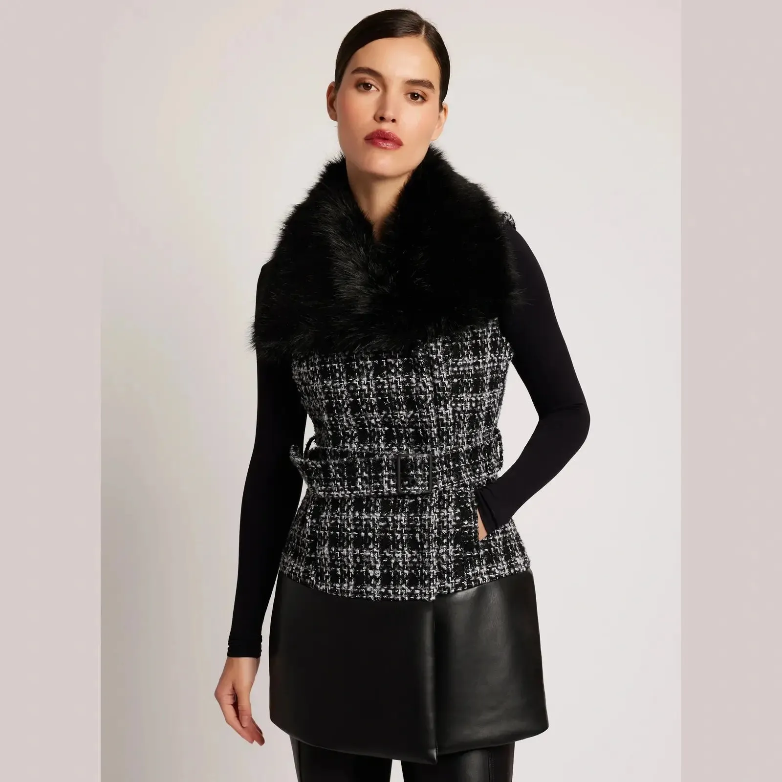 Blanc Noir Irina Boucle Faux Fur Collar Long Vest