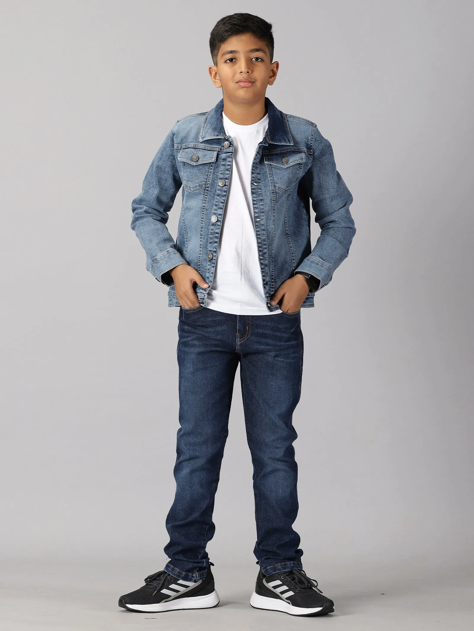 Boys Solid Tee & Denim Jacket & Denim Pant Set