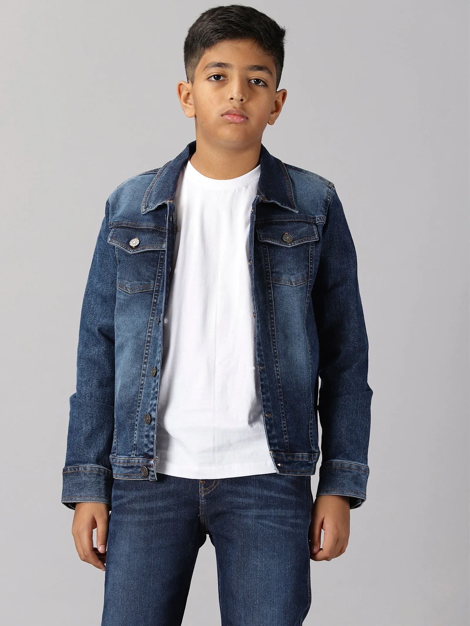 Boys Solid Tee & Denim Jacket & Denim Pant Set