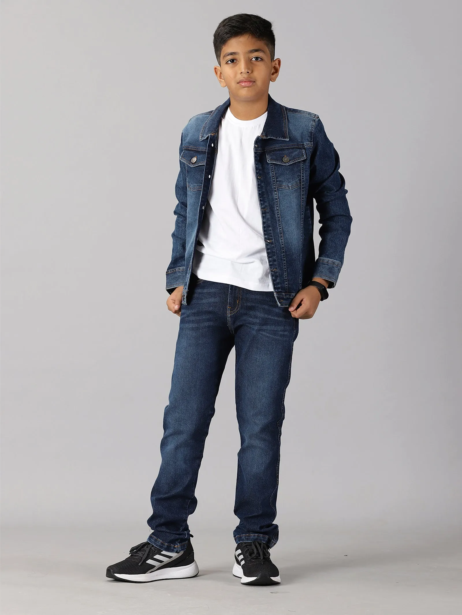 Boys Solid Tee & Denim Jacket & Denim Pant Set