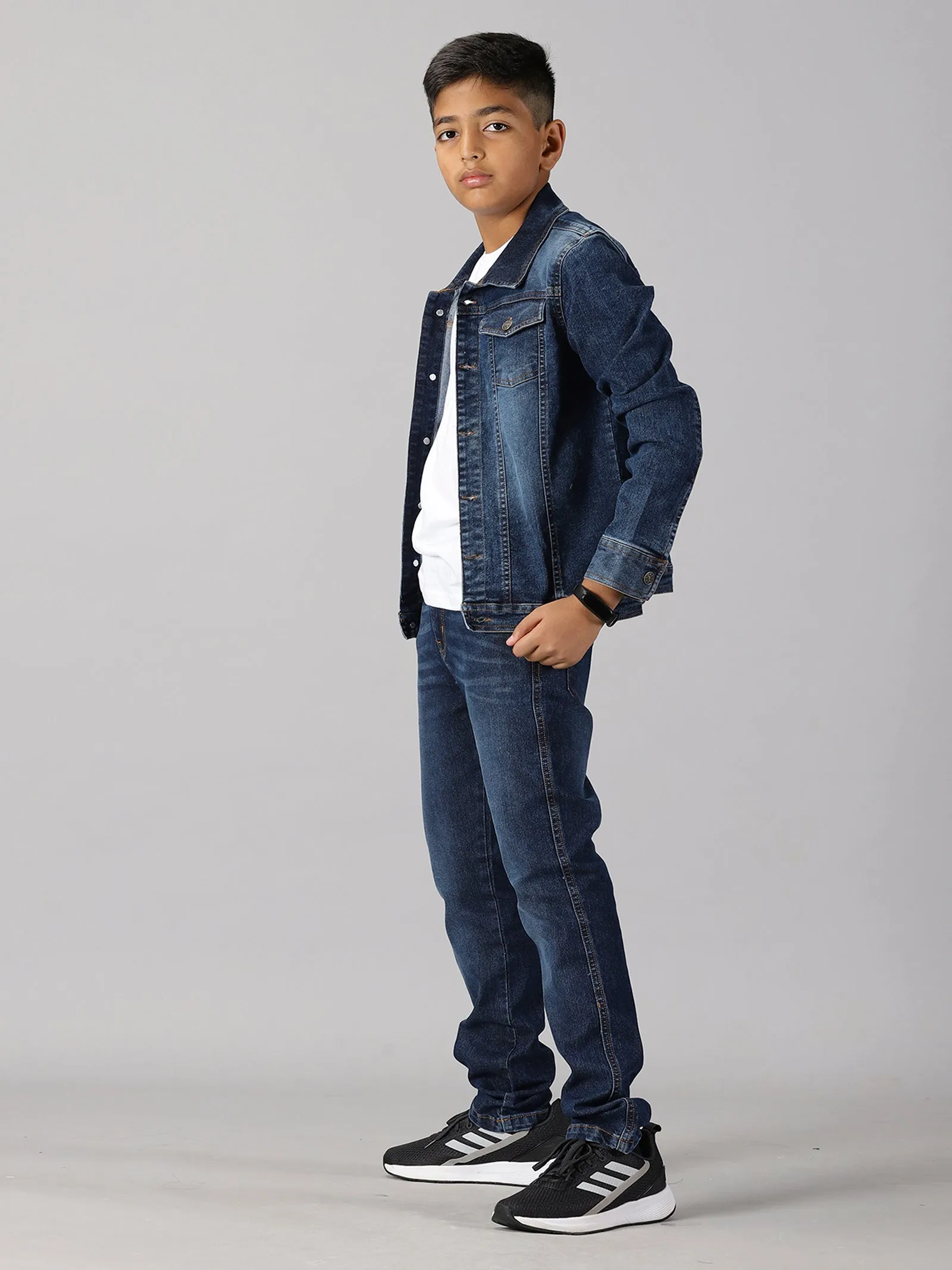 Boys Solid Tee & Denim Jacket & Denim Pant Set