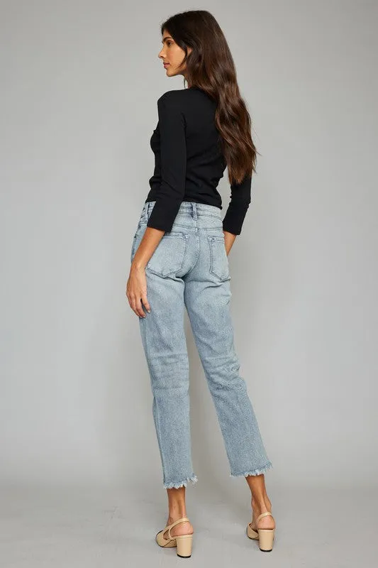 Button Fly High Rise Straight Fit Denim - Light