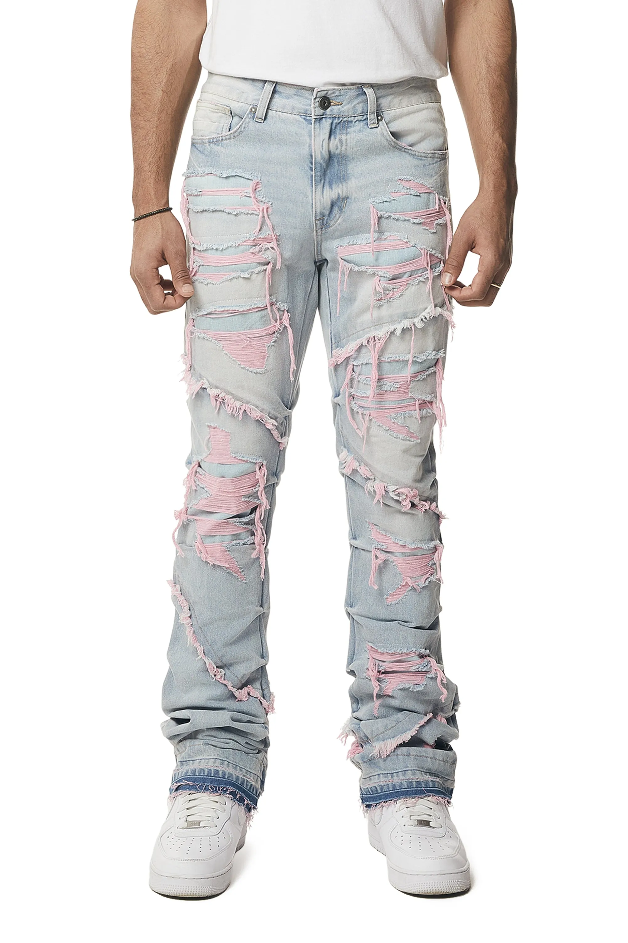 Color Thread Heavy R&R Lazy Stacked Flared Jeans - Pink