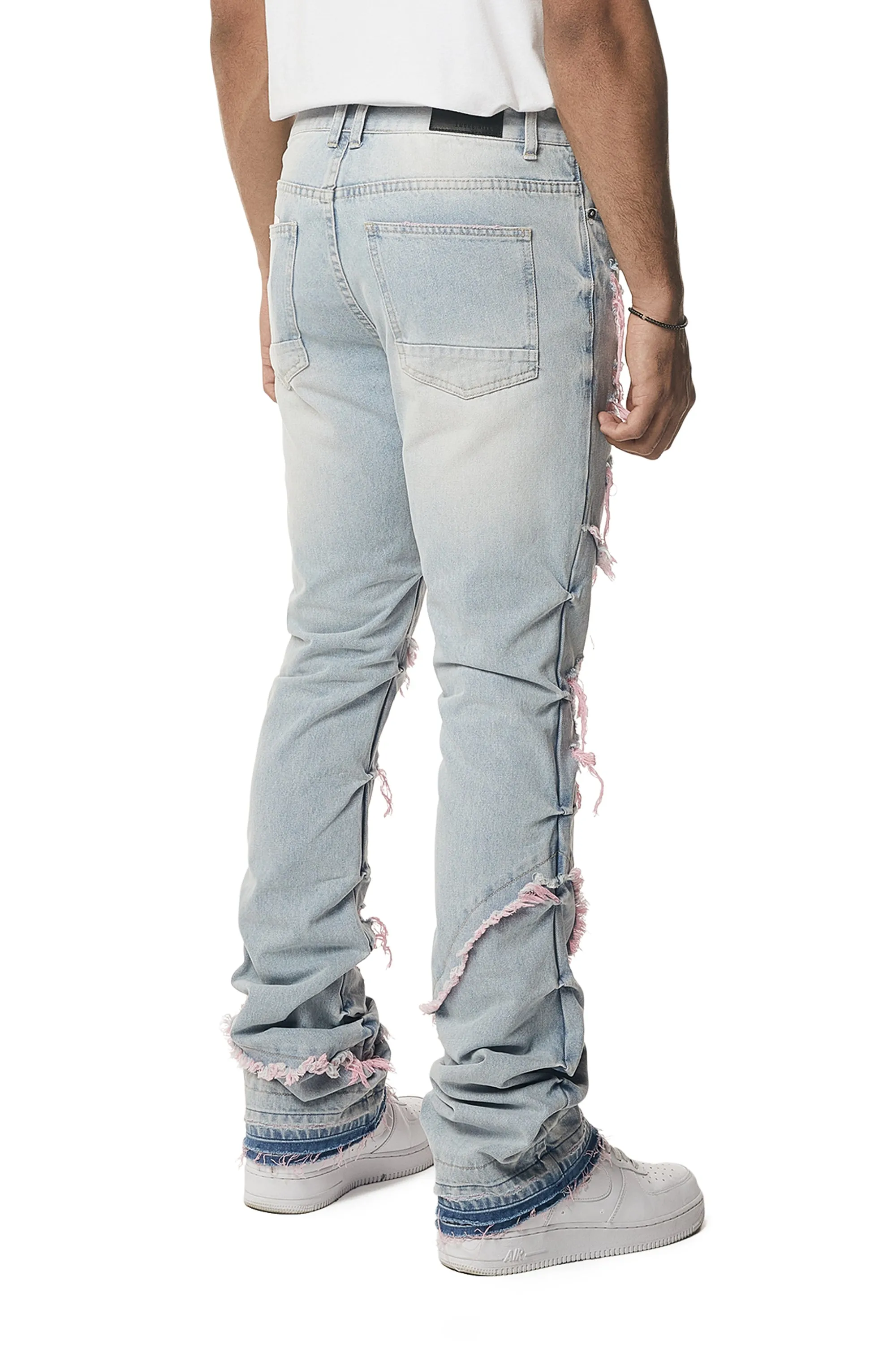 Color Thread Heavy R&R Lazy Stacked Flared Jeans - Pink