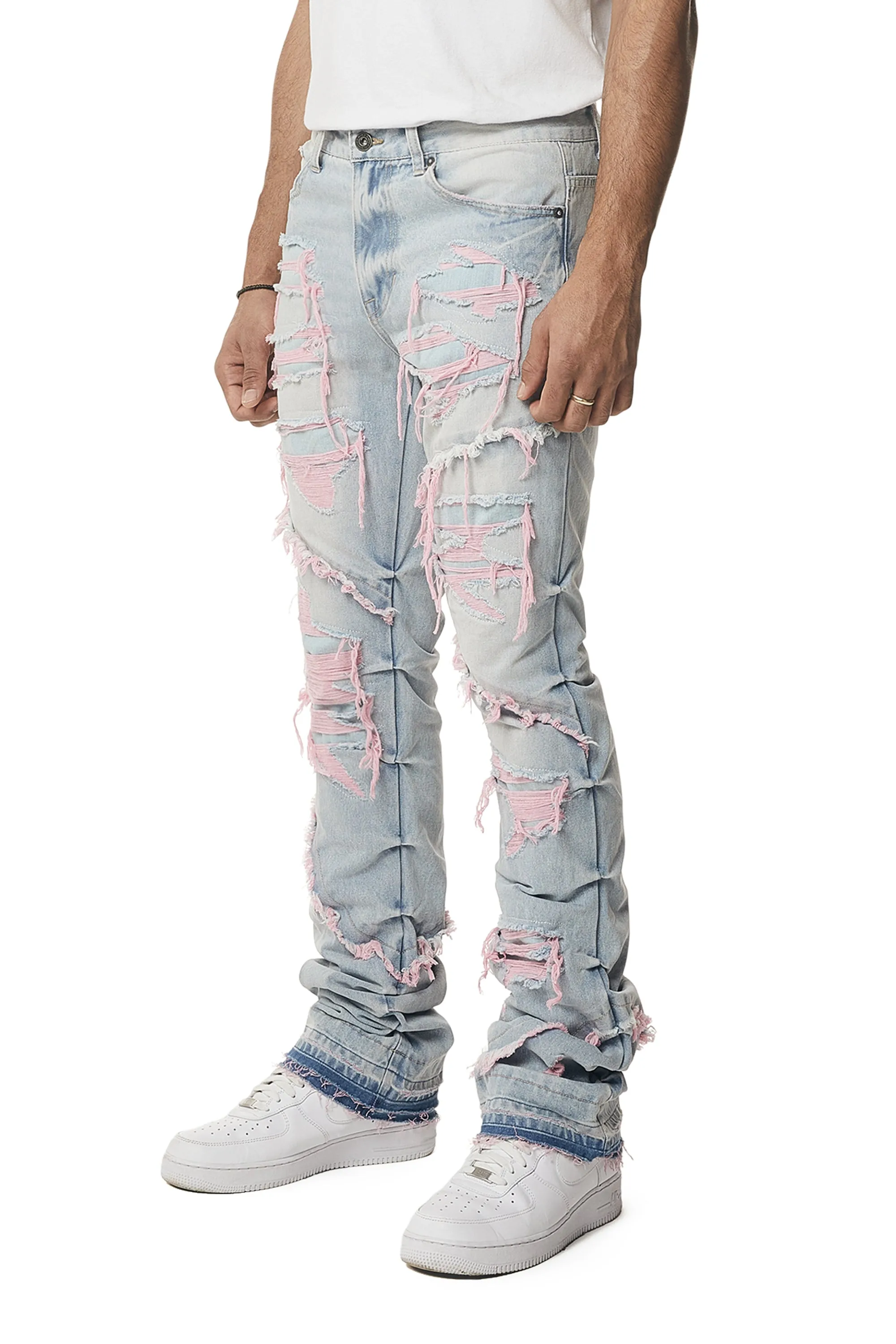 Color Thread Heavy R&R Lazy Stacked Flared Jeans - Pink