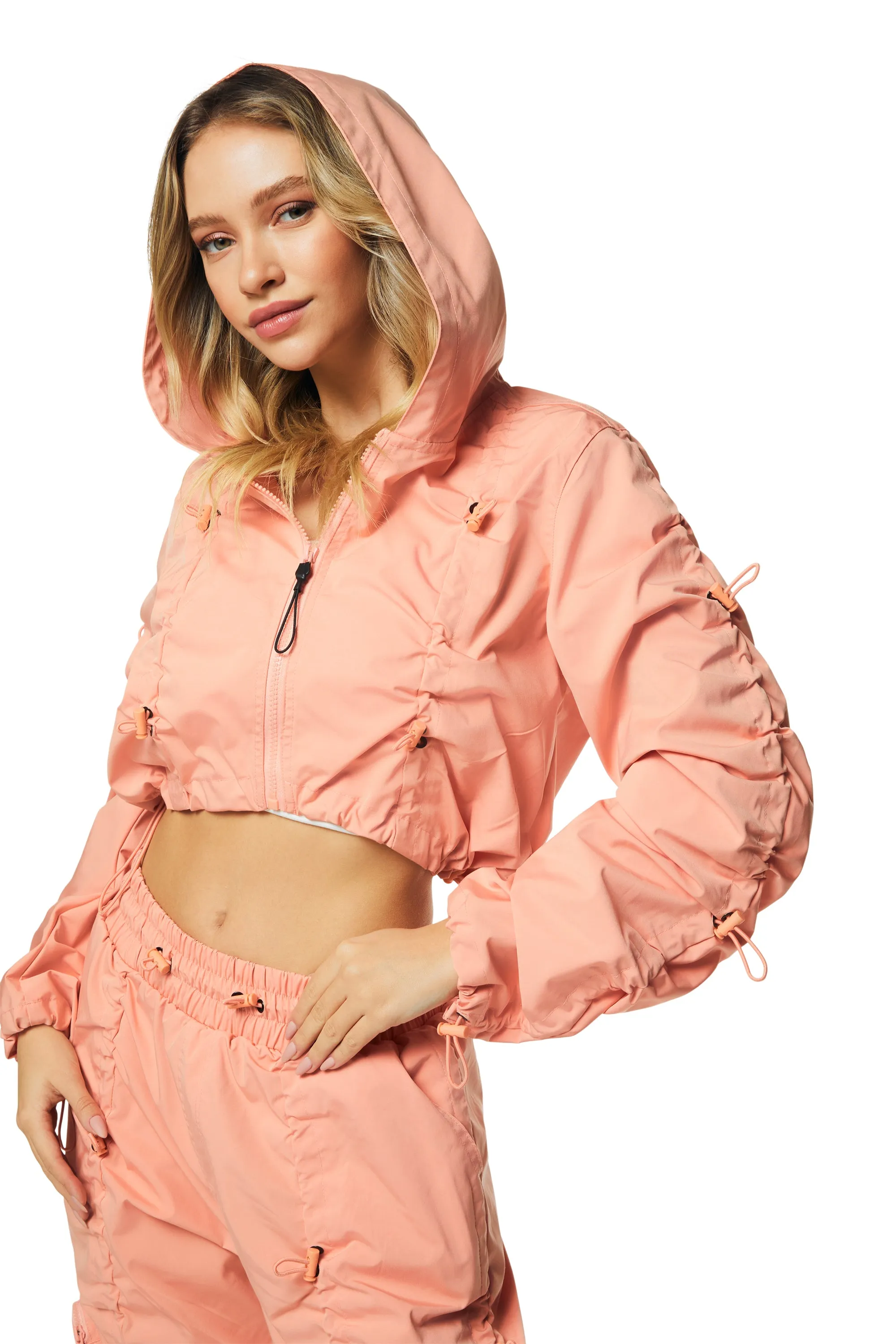 Cropped Full Zip Hoodie Jacket - Sand Coral