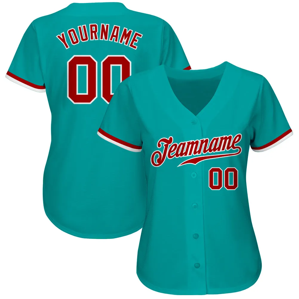 Custom Aqua Red-White Authentic Baseball Jersey