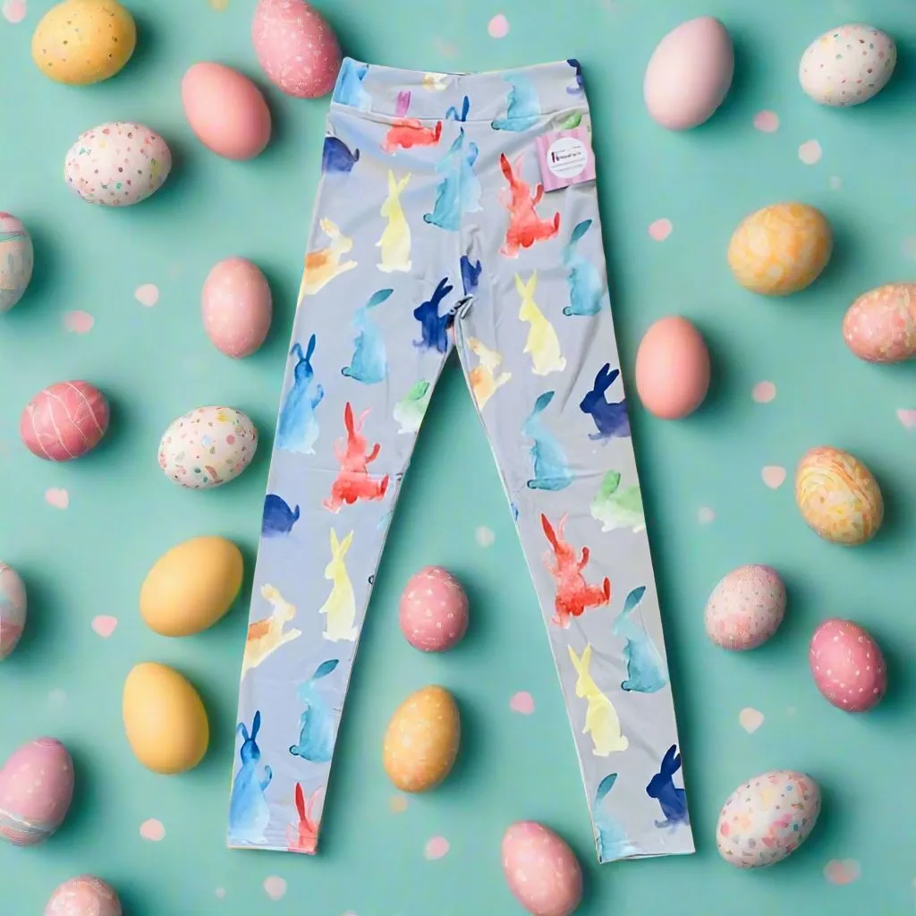 Girls Easter Bunny Leggings, Kids Yoga Pants, Sizes S/L, Yoga Waist, Gray/Multi, Exclusive Leggings