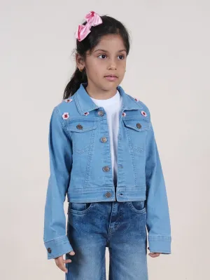 Girls Full Sleeve Flower Patch Detailed Crop Denim Jacket