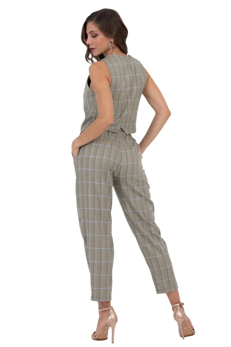 Greige Plaid Women's Tailored Trousers