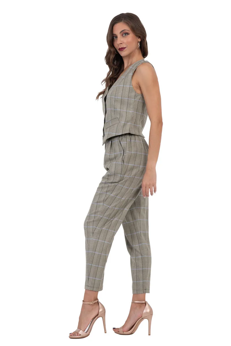 Greige Plaid Women's Tailored Trousers