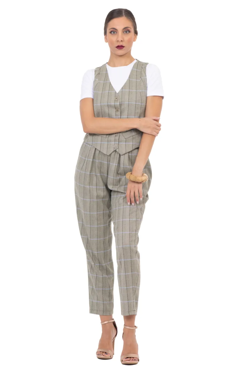 Greige Plaid Women's Tailored Trousers