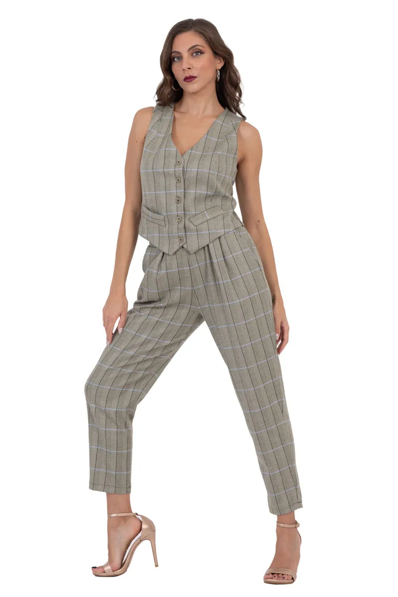 Greige Plaid Women's Tailored Trousers