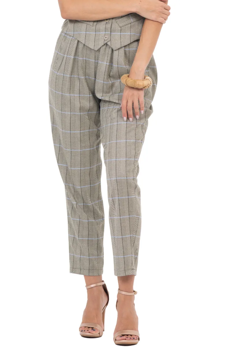 Greige Plaid Women's Tailored Trousers