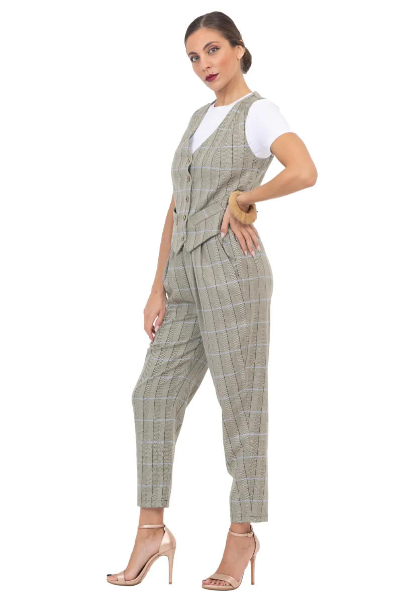 Greige Plaid Women's Tailored Trousers