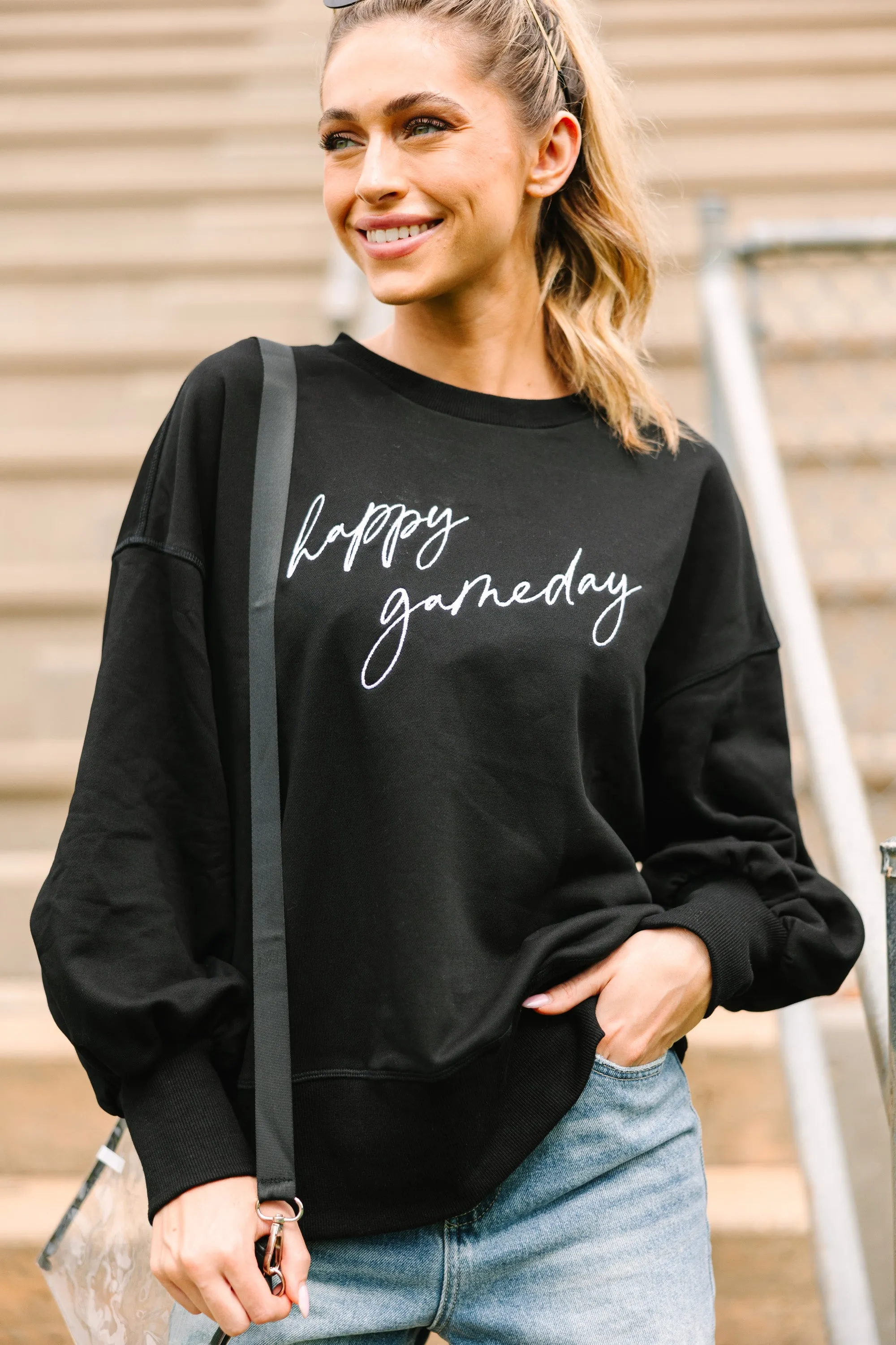 Happy Gameday Black Embroidered Pullover