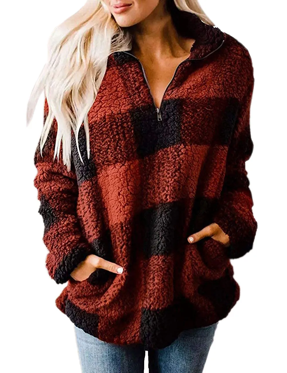 Cozy Womens Buffalo Plaid Sherpa Sweatshirt with 1/4 Zip