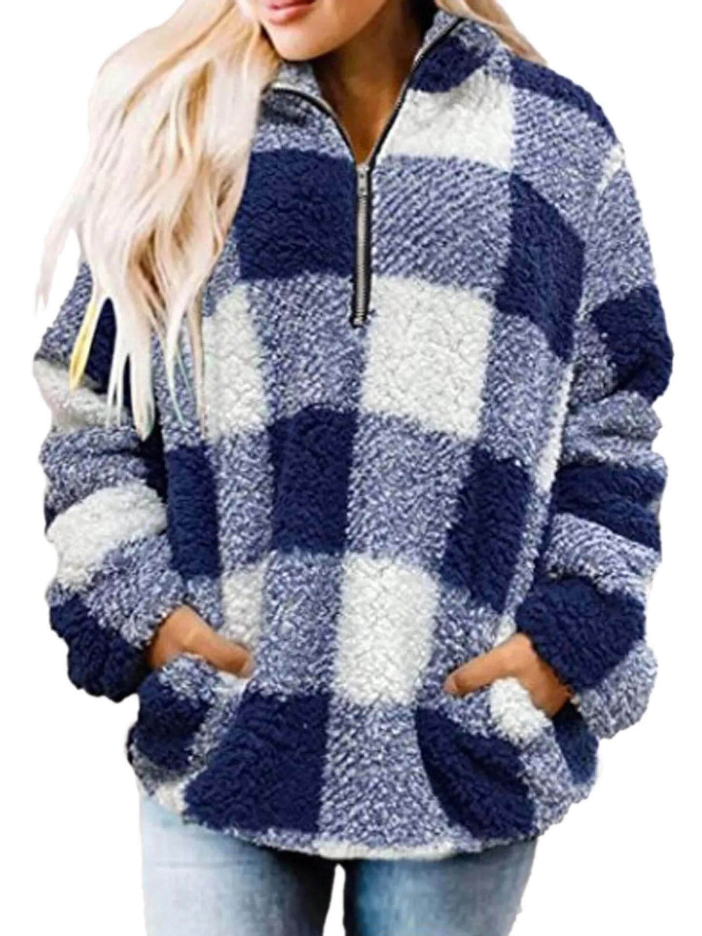 Cozy Womens Buffalo Plaid Sherpa Sweatshirt with 1/4 Zip