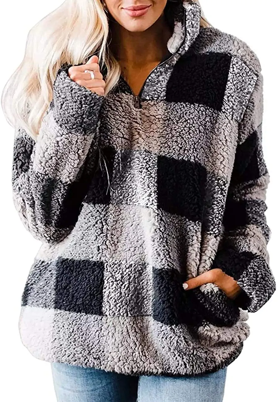 Cozy Womens Buffalo Plaid Sherpa Sweatshirt with 1/4 Zip