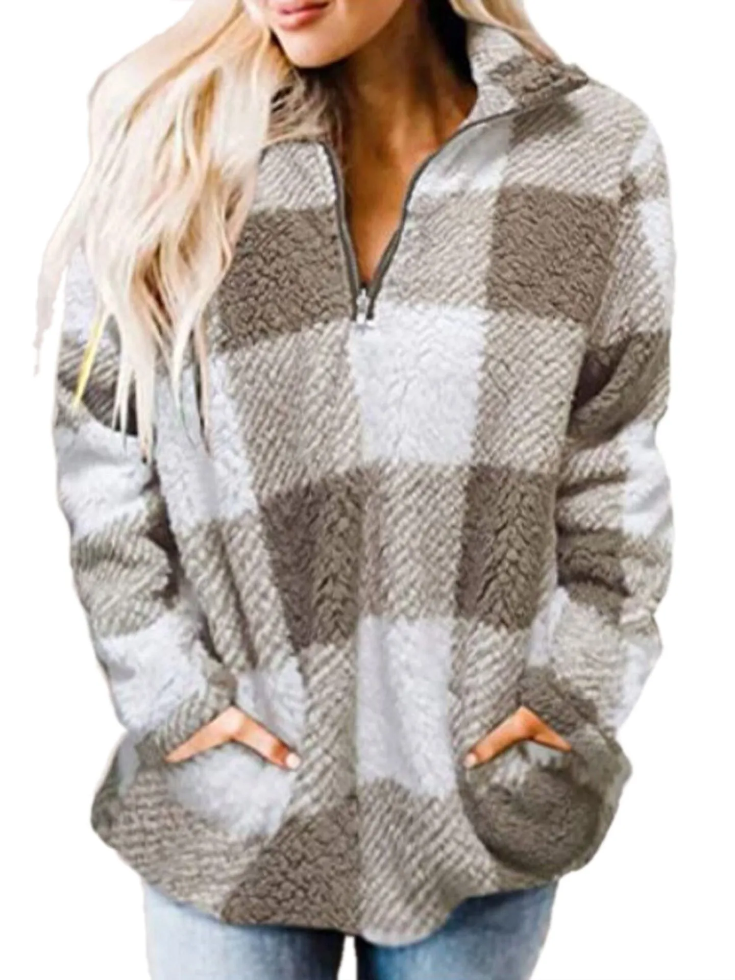 Cozy Womens Buffalo Plaid Sherpa Sweatshirt with 1/4 Zip