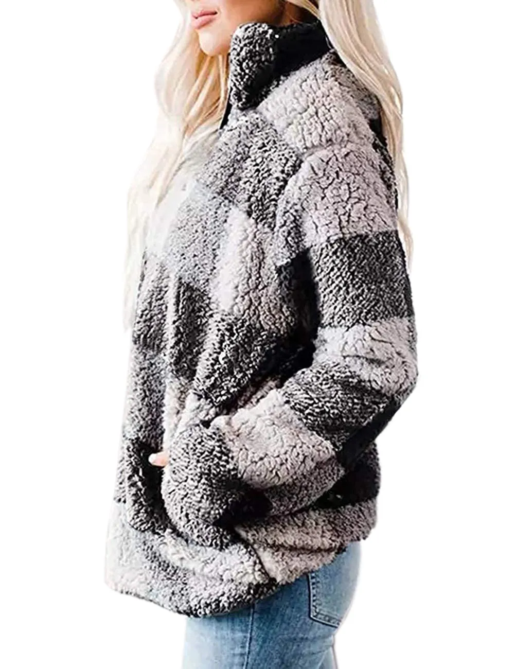 Cozy Womens Buffalo Plaid Sherpa Sweatshirt with 1/4 Zip