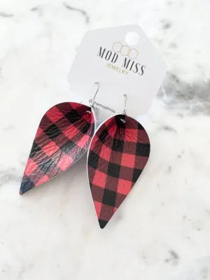 Joy Red   Black Buffalo Plaid Leather Petal Earrings