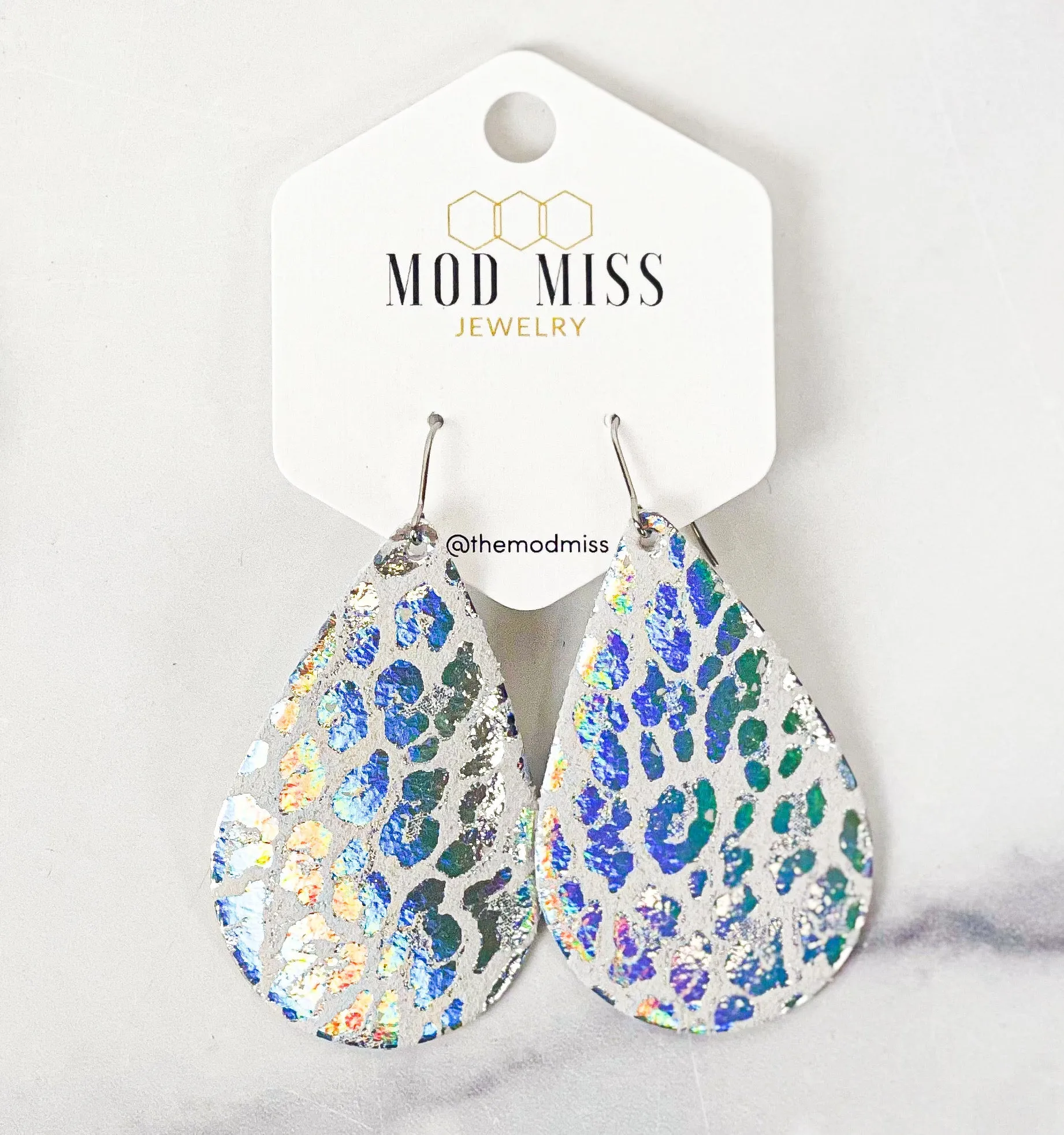 Leather Teardrop Earring Leopard Iridescent