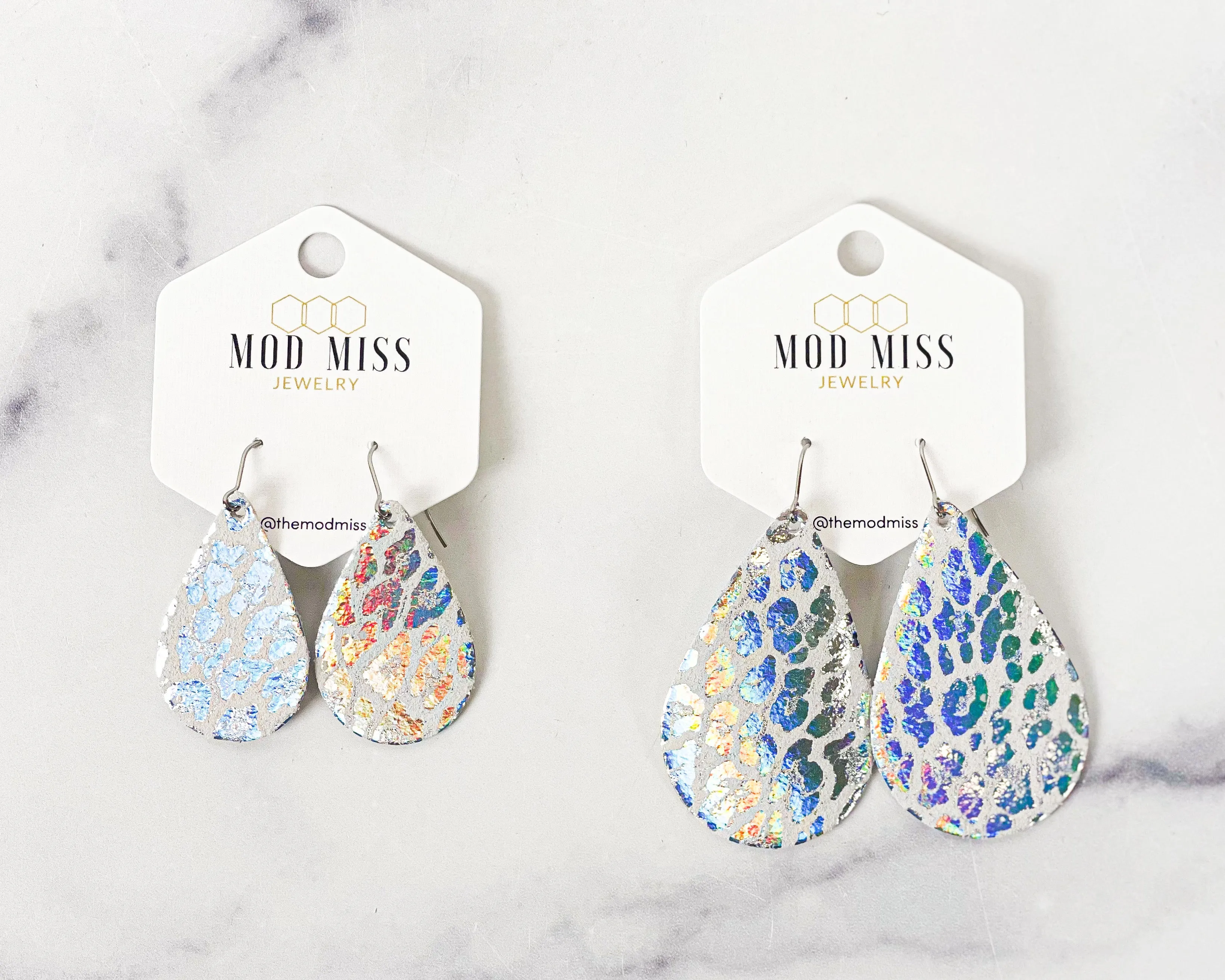 Leather Teardrop Earring Leopard Iridescent