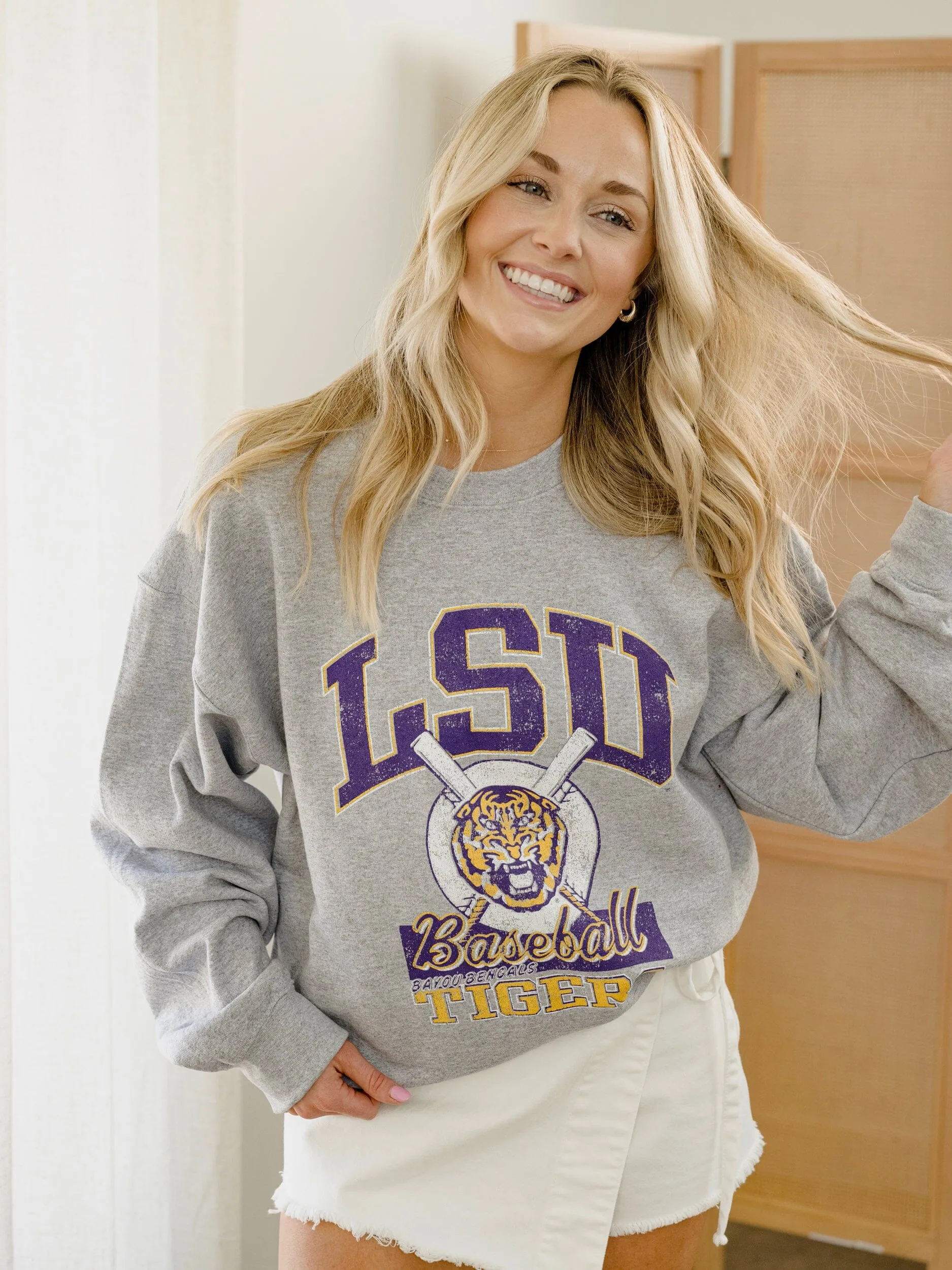 LSU Tigers Baseball Gray Thrifted Sweatshirt