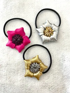 Medium Genuine Leather Flower Scrunchies / Hair Ties